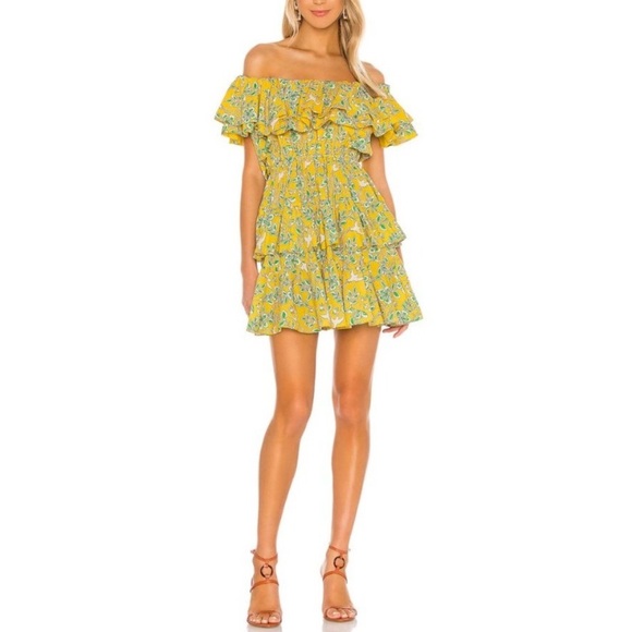 RHODE Yellow Ruffle Tiered Mini Dress Size XS Bird Coquette Festival Romantic - Picture 1 of 13